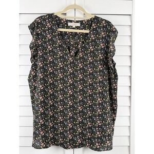 LOFT Floral Ruffle Cap Sleeve Blouse XXL Black Multi V-Neck Flowy Top